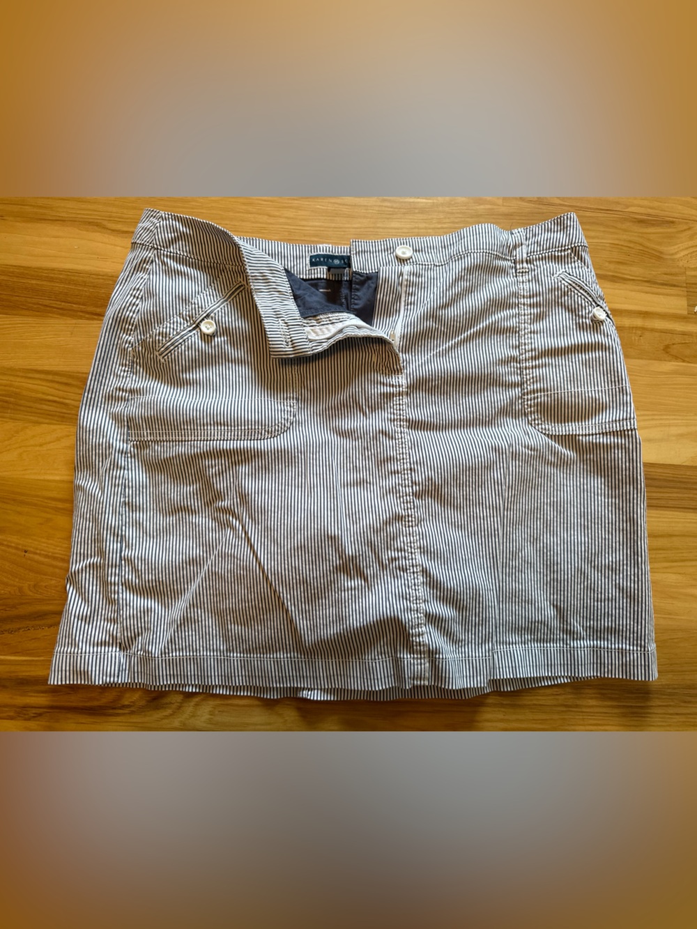 Karen Scott Navy and White Striped Skirt with Button Waist